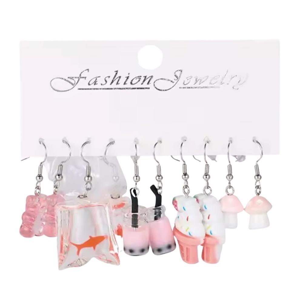 5-Pair Cute Resin Dangle Earrings – Gummy Bear, Goldfish, Bubble Tea, Ice Cream